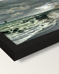 Pointe de la Hève, Low Tide by Monet framed print, corner close-up: black moulding, mitred, the print set just below its edge