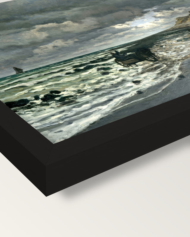Pointe de la Hève, Low Tide by Monet framed print, corner close-up: black moulding, mitred, the print set just below its edge