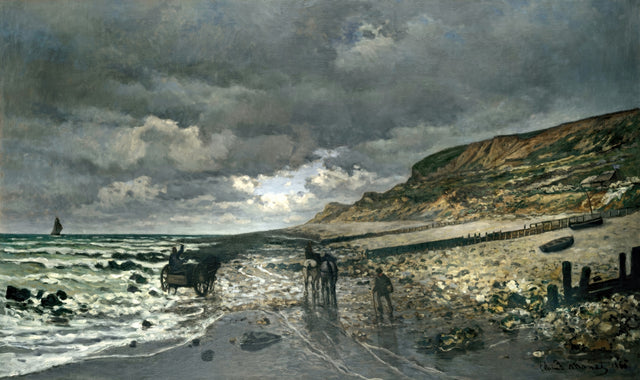 La Pointe de la Hève at Low Tide by Claude Monet: a wide wet beach under heavy grey clouds, a cart, riders and a cliff
