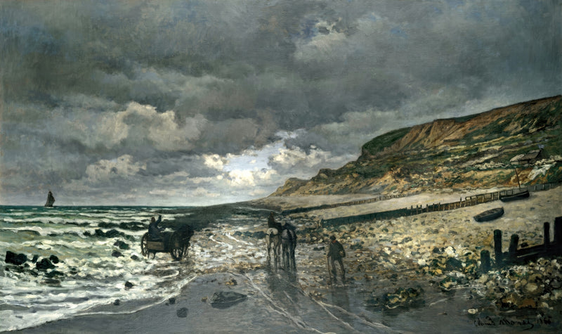 La Pointe de la Hève at Low Tide by Claude Monet: a wide wet beach under heavy grey clouds, a cart, riders and a cliff
