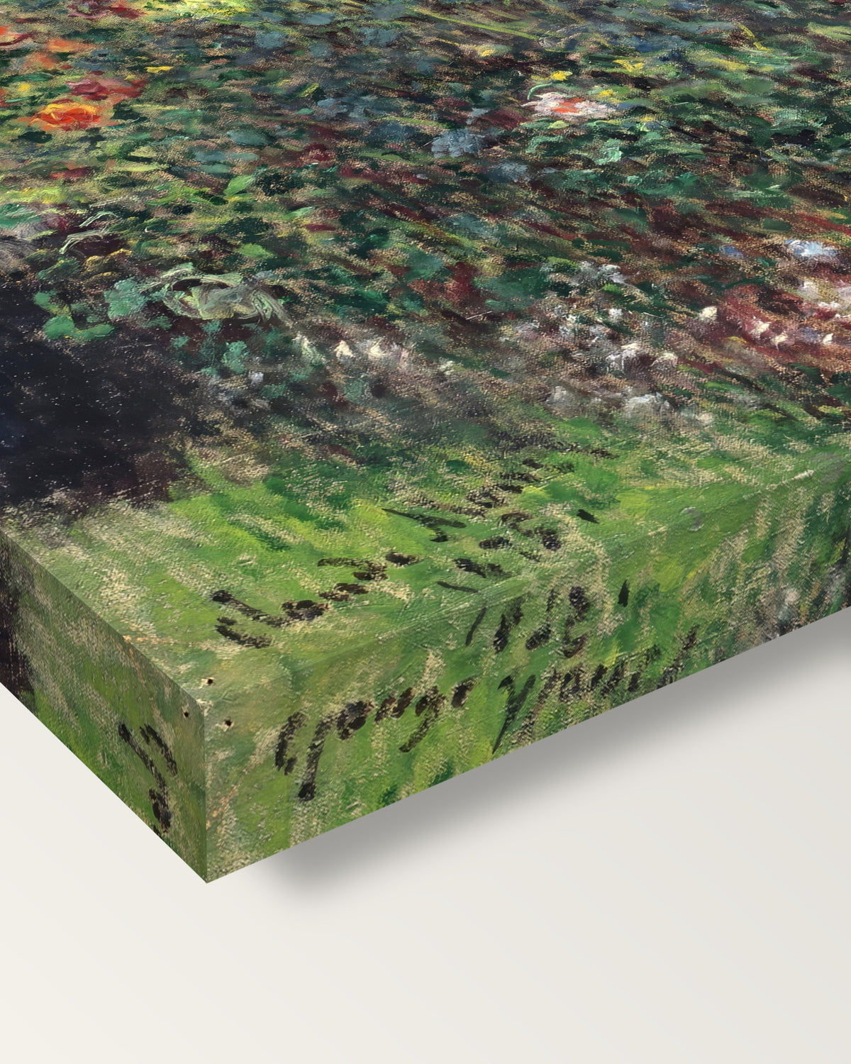 Women among the Flowers by Claude Monet on stretched canvas, corner close-up: the painting mirror-wrapped round the sides