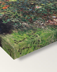Women among the Flowers by Claude Monet on stretched canvas, corner close-up: the painting mirror-wrapped round the sides