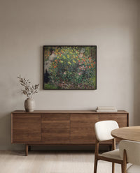 Women among the Flowers by Claude Monet in a black frame above a walnut sideboard in a dining room