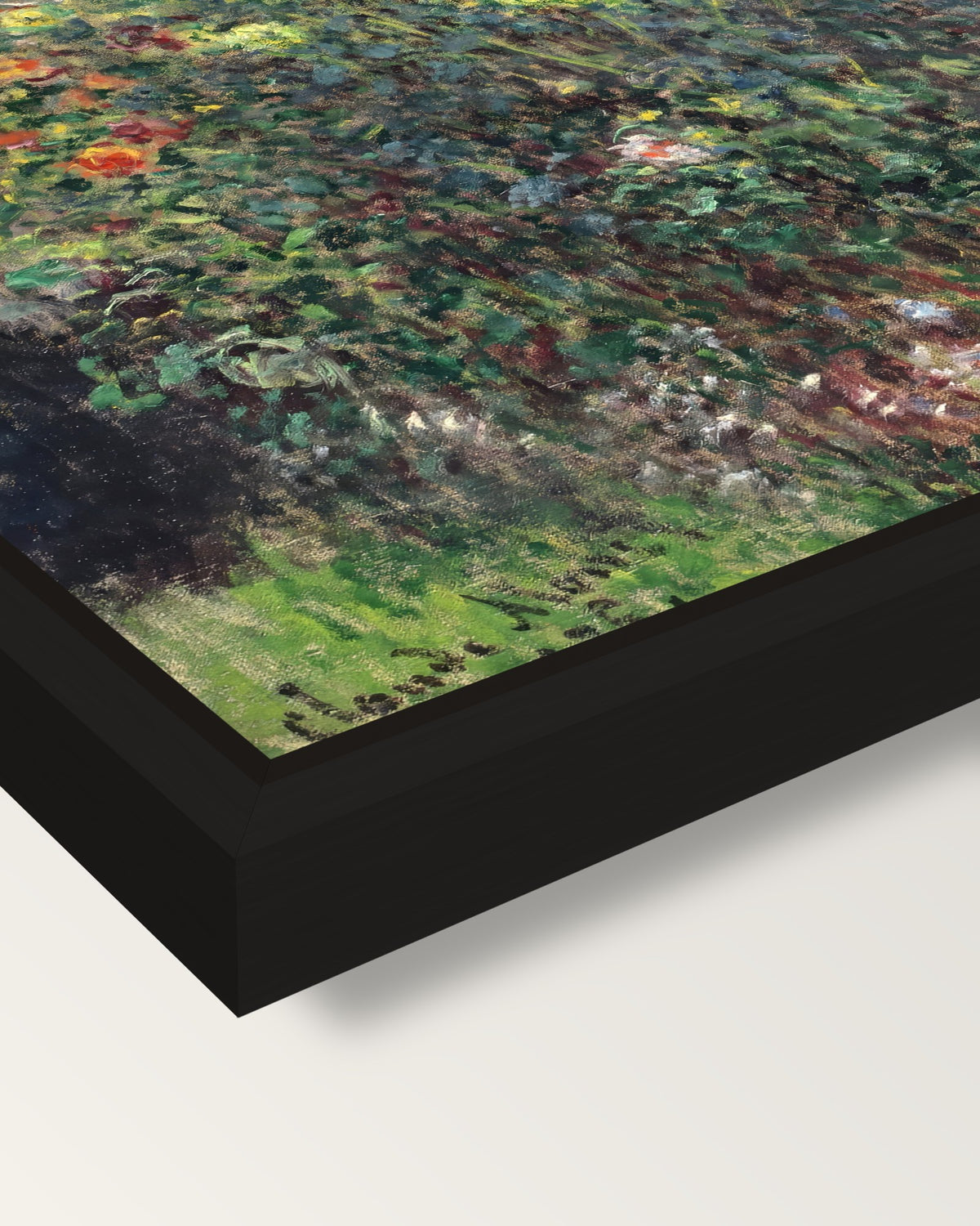 Women among the Flowers by Monet framed canvas, corner close-up: a black floating frame with a shadow gap round the canvas