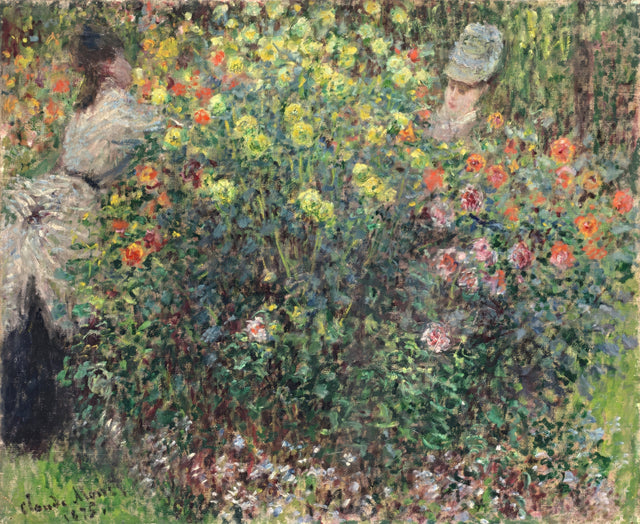 Two Women among the Flowers by Claude Monet: a dense flowering bush in pink, red and yellow with two women half hidden