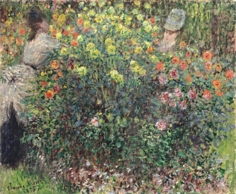 Two Women among the Flowers by Claude Monet: a dense flowering bush in pink, red and yellow with two women half hidden