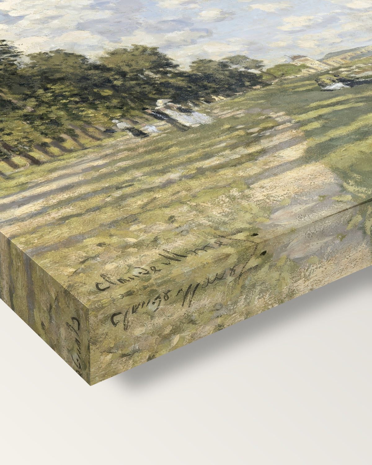 Le Bassin d’Argenteuil by Claude Monet on stretched canvas, corner close-up: the painting mirror-wrapped round the sides