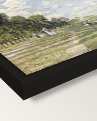 Le Bassin d’Argenteuil by Monet framed canvas, corner close-up: a black floating frame with a shadow gap round the canvas