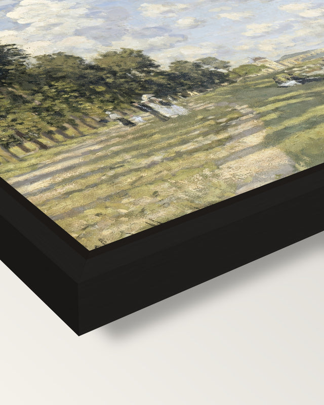Le Bassin d’Argenteuil by Monet framed canvas, corner close-up: a black floating frame with a shadow gap round the canvas