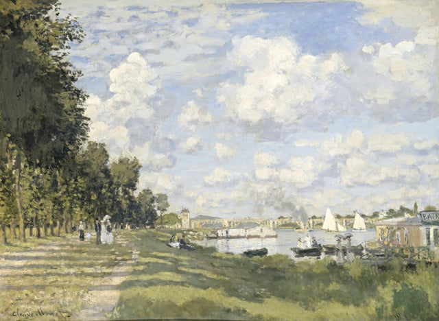 Le Bassin d’Argenteuil by Claude Monet: a riverside promenade with tall trees, boats and a bridge under a big cloudy sky