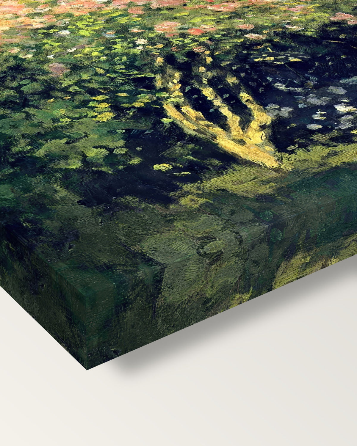 Lilac Bush in the Sun by Claude Monet on stretched canvas, corner close-up: the painting mirror-wrapped round the sides
