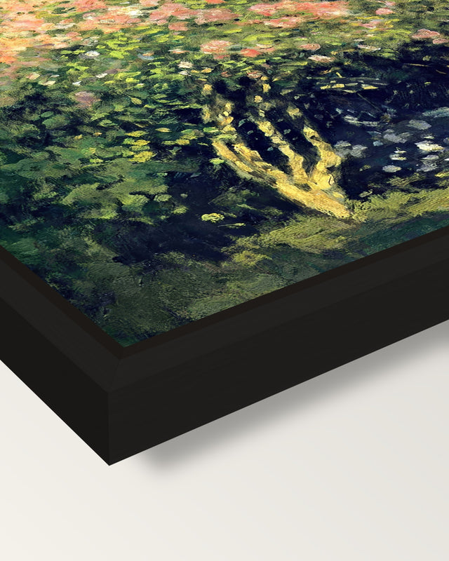 Lilac Bush in the Sun by Monet framed canvas, corner close-up: a black floating frame with a shadow gap round the canvas