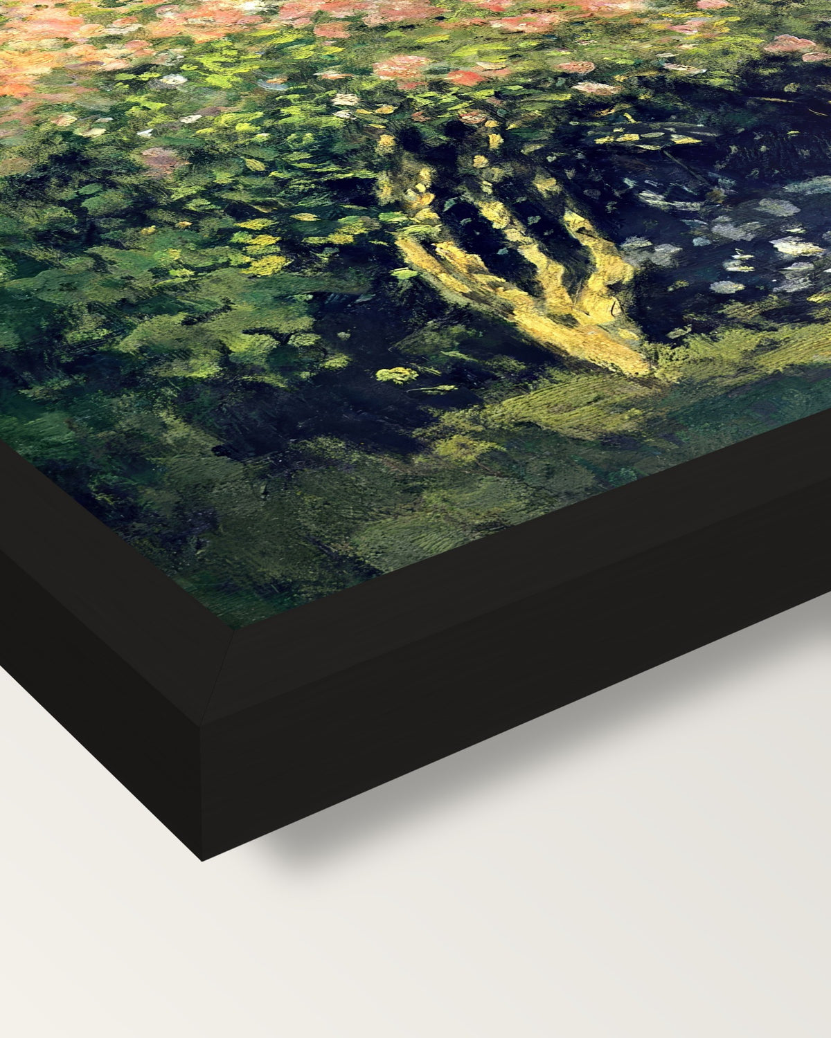 Lilac Bush in the Sun by Monet framed print, corner close-up: black moulding, mitred, the print set just below its edge