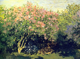 Lilac Bush in the Sun by Claude Monet: a big pink and lilac flowering bush in bright sun, figures resting in its shade