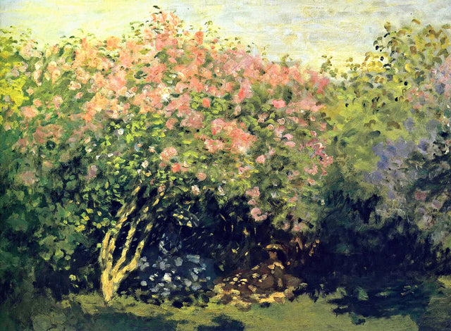 Lilac Bush in the Sun by Claude Monet: a big pink and lilac flowering bush in bright sun, figures resting in its shade