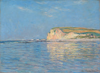 Low Tide at Pourville by Claude Monet: a golden chalk cliff and its reflection over a calm blue sea at low tide
