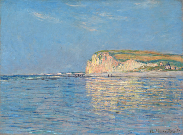 Low Tide at Pourville by Claude Monet: a golden chalk cliff and its reflection over a calm blue sea at low tide