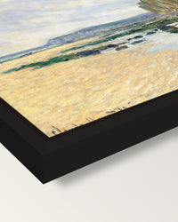 Low Tide at Varengeville by Monet framed canvas, corner close-up: a black floating frame with a shadow gap round the canvas