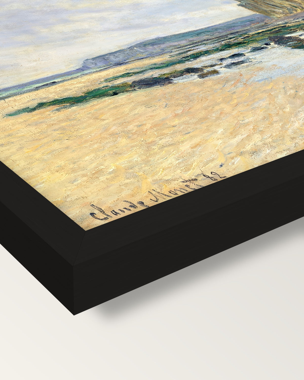 Low Tide at Varengeville by Monet framed print, corner close-up: black moulding, mitred, the print set just below its edge