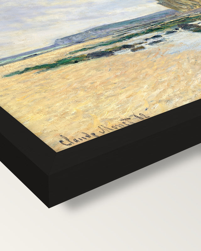 Low Tide at Varengeville by Monet framed print, corner close-up: black moulding, mitred, the print set just below its edge