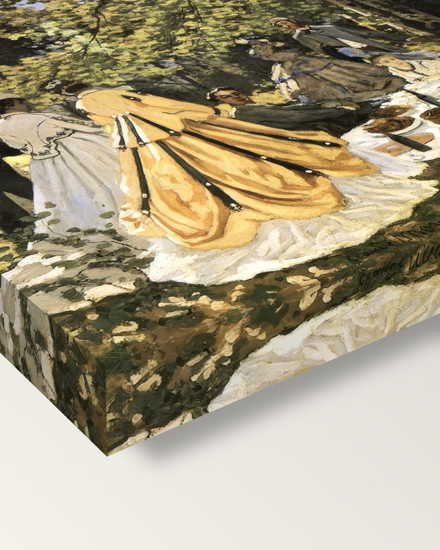 Luncheon on the Grass by Claude Monet on stretched canvas, corner close-up: the painting mirror-wrapped round the sides