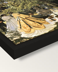 Luncheon on the Grass by Monet framed canvas, corner close-up: a black floating frame with a shadow gap round the canvas