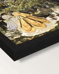Luncheon on the Grass by Monet framed print, corner close-up: black moulding, mitred, the print set just below its edge