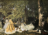 Luncheon on the Grass by Claude Monet: men and women in 1860s dress picnicking on a white cloth under tall trees in a forest