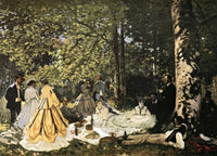 Luncheon on the Grass by Claude Monet: men and women in 1860s dress picnicking on a white cloth under tall trees in a forest