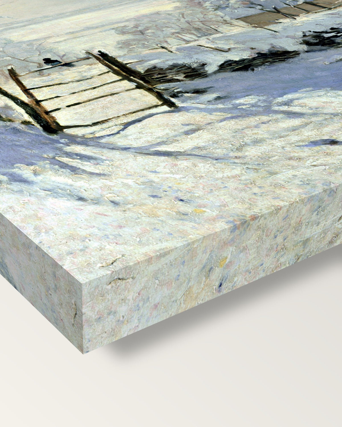 The Magpie by Claude Monet on stretched canvas, corner close-up: the painting mirror-wrapped round the sides