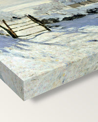 The Magpie by Claude Monet on stretched canvas, corner close-up: the painting mirror-wrapped round the sides