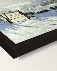 The Magpie by Claude Monet framed canvas, corner close-up: a black floating frame with a shadow gap round the canvas