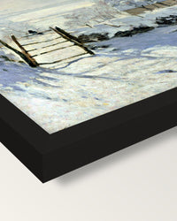 The Magpie by Claude Monet framed print, corner close-up: black moulding, mitred, the print set just below its edge