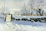The Magpie by Claude Monet: a black magpie on a wooden gate in a sunlit snowy field, blue shadows on the snow