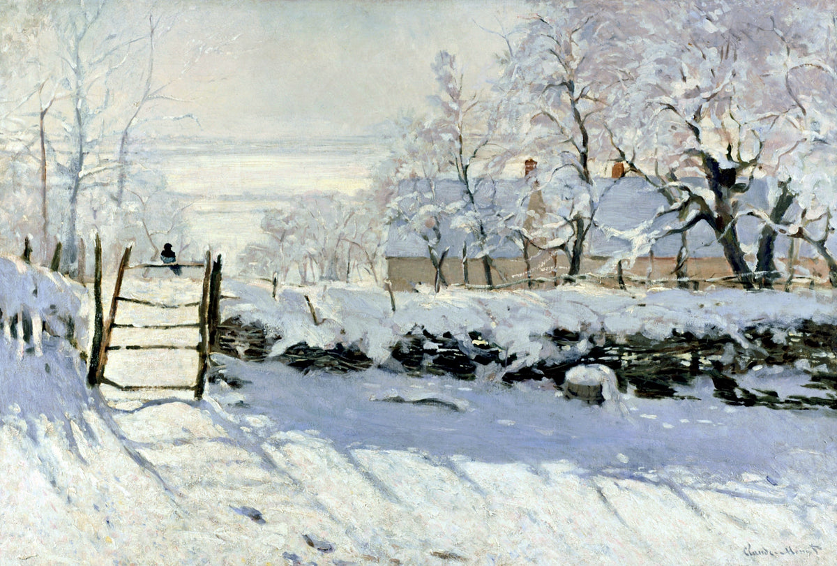 The Magpie by Claude Monet: a black magpie on a wooden gate in a sunlit snowy field, blue shadows on the snow
