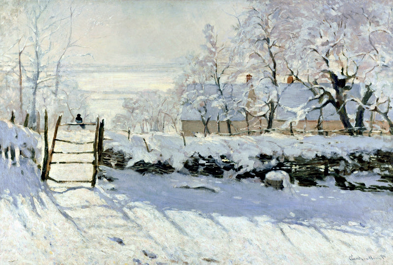 The Magpie by Claude Monet: a black magpie on a wooden gate in a sunlit snowy field, blue shadows on the snow