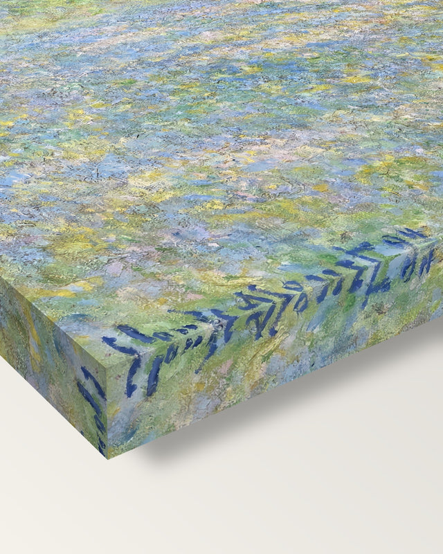 Meadow at Giverny by Claude Monet on stretched canvas, corner close-up: the painting mirror-wrapped round the sides