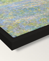 Meadow at Giverny by Claude Monet framed canvas, corner close-up: a black floating frame with a shadow gap round the canvas