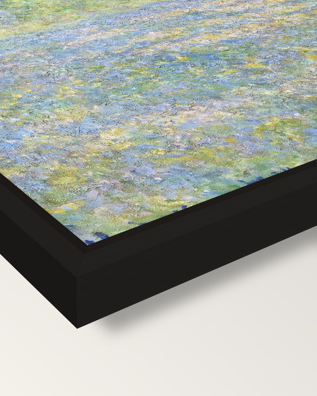Meadow at Giverny by Claude Monet framed canvas, corner close-up: a black floating frame with a shadow gap round the canvas