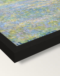 Meadow at Giverny by Claude Monet framed print, corner close-up: black moulding, mitred, the print set just below its edge