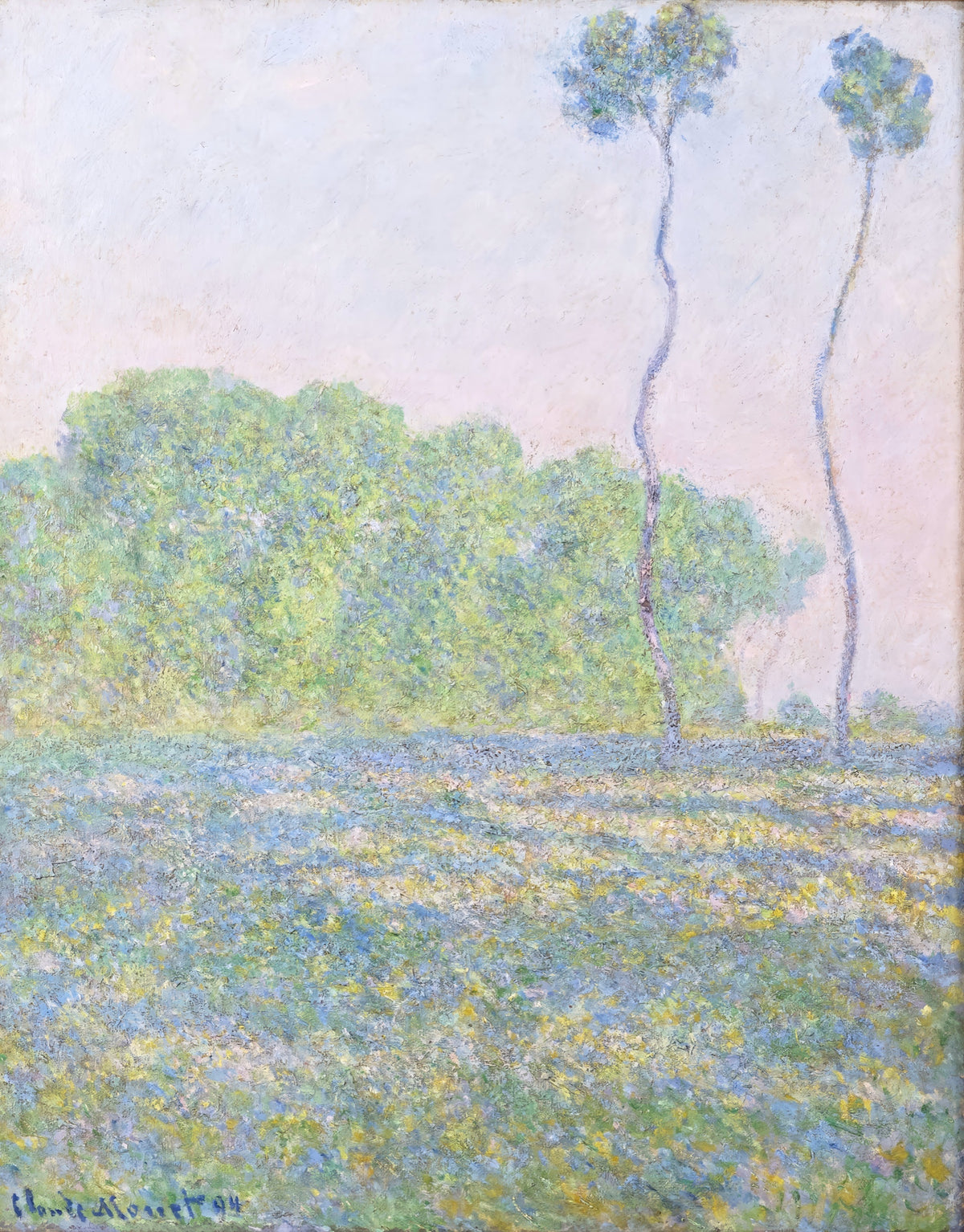 Meadow at Giverny by Claude Monet: a soft green and violet meadow, a row of trees and two tall thin poplars, misty sky