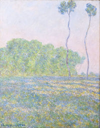Meadow at Giverny by Claude Monet: a soft green and violet meadow, a row of trees and two tall thin poplars, misty sky