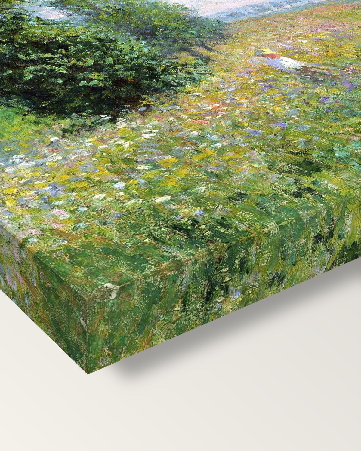 Meadow with Poplars by Claude Monet on stretched canvas, corner close-up: the painting mirror-wrapped round the sides