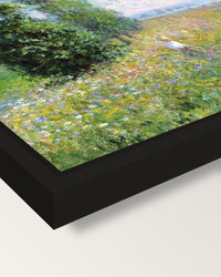 Meadow with Poplars by Claude Monet framed canvas, corner close-up: a black floating frame with a shadow gap round the canvas