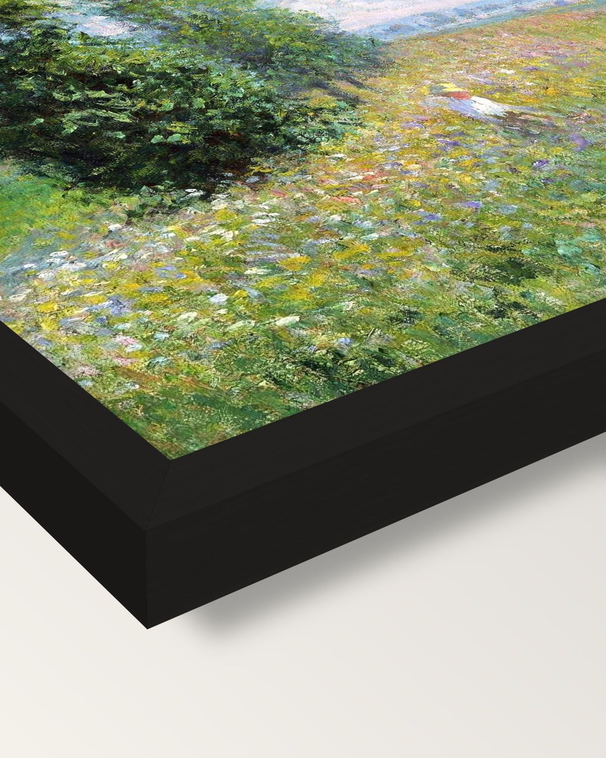 Meadow with Poplars by Claude Monet framed print, corner close-up: black moulding, mitred, the print set just below its edge