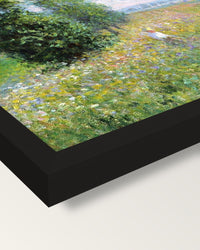 Meadow with Poplars by Claude Monet framed print, corner close-up: black moulding, mitred, the print set just below its edge