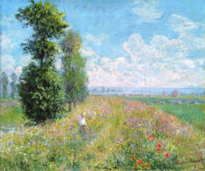 Meadow with Poplars by Claude Monet: tall green poplars beside a summer meadow of wildflowers with a figure walking, blue sky