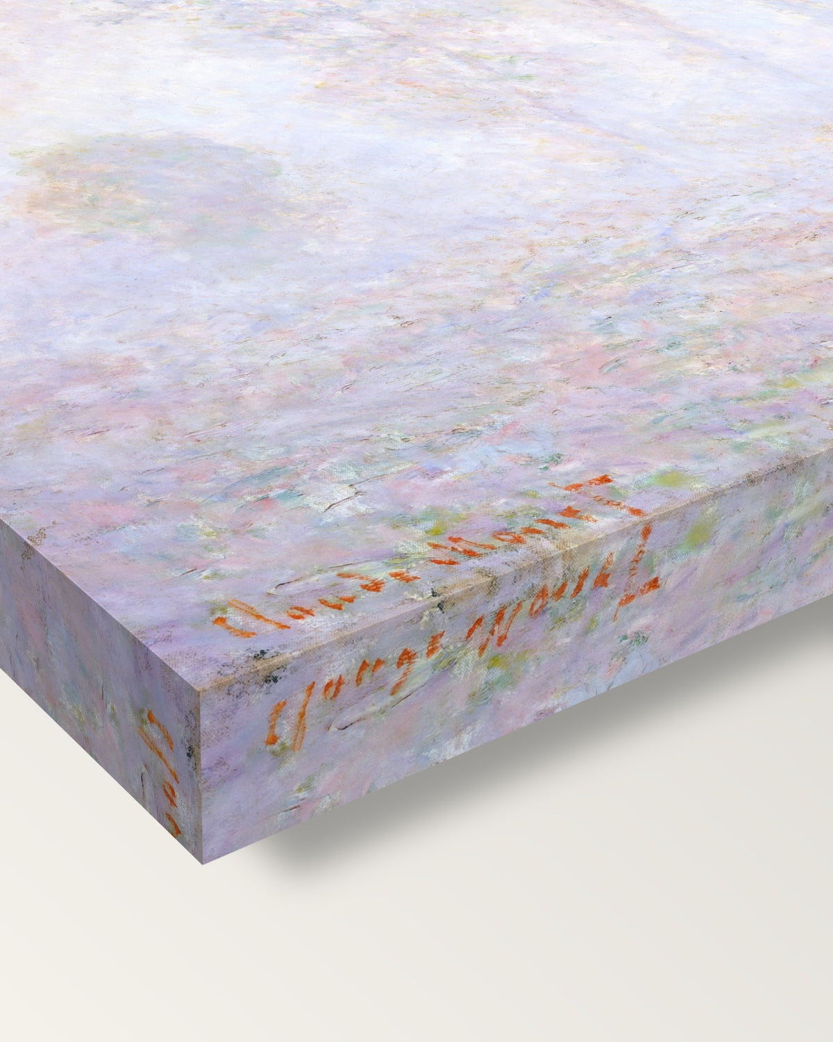 Morning Haze by Claude Monet on stretched canvas, corner close-up: the painting mirror-wrapped round the sides