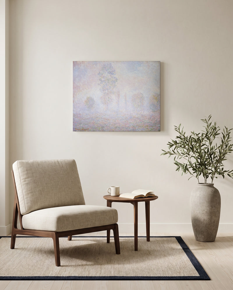 Morning Haze by Claude Monet as a stretched canvas above a linen lounge chair in a reading corner