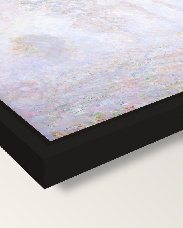 Morning Haze by Claude Monet framed canvas, corner close-up: a black floating frame with a shadow gap round the canvas